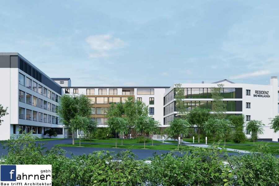 Architektonische Visualisierung eines modernen Klinikneubaus mit begrüntem Außenbereich; Beschriftung „St. Hedwig Klinikum“ sichtbar auf der Fassade.