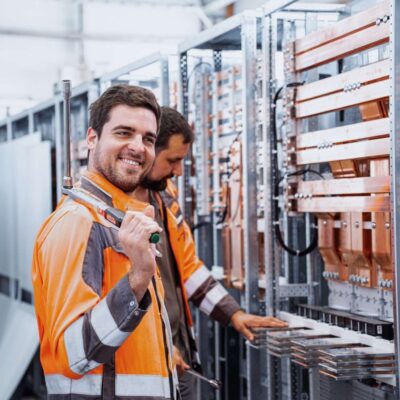 Zwei Techniker in orange-grauer Arbeitskleidung arbeiten an einer großen elektrischen Schaltanlage mit Kupferschienen; einer blickt lächelnd in die Kamera.