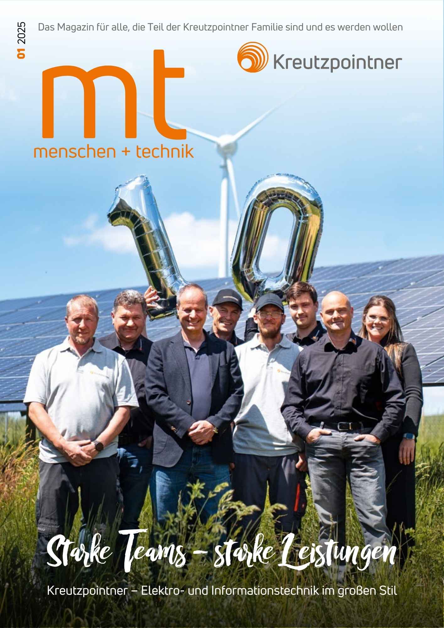 Titelbild der Mitarbeiterzeitschrift 2025 mit einem einer Personengruppe im Hintergrund und einer 10 als Luftballons zum Jubiläum