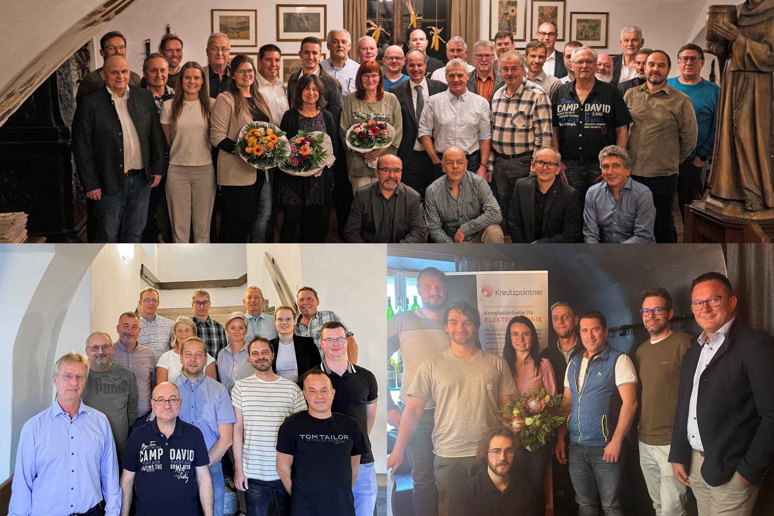 Eine Collage aus Gruppenbildern, auf denen Menschen mit Blumensträußen lächelnd in die Kamera schauen.