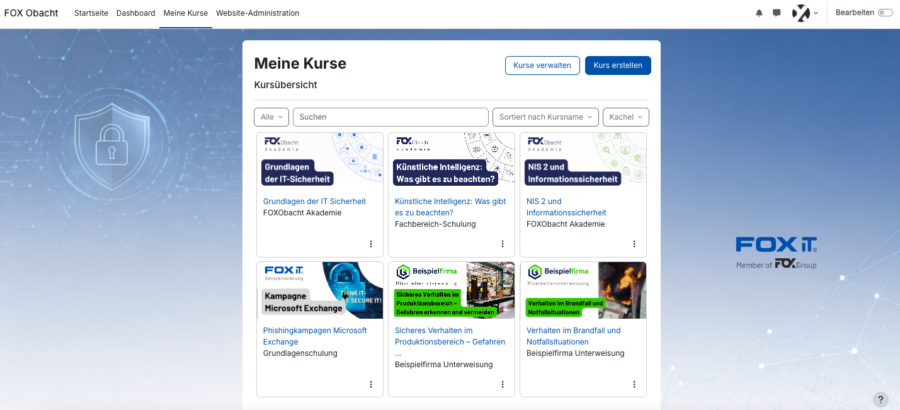 Mock up Website, mit blauem hintergrund und 6 Kacheln mit Inhalten.