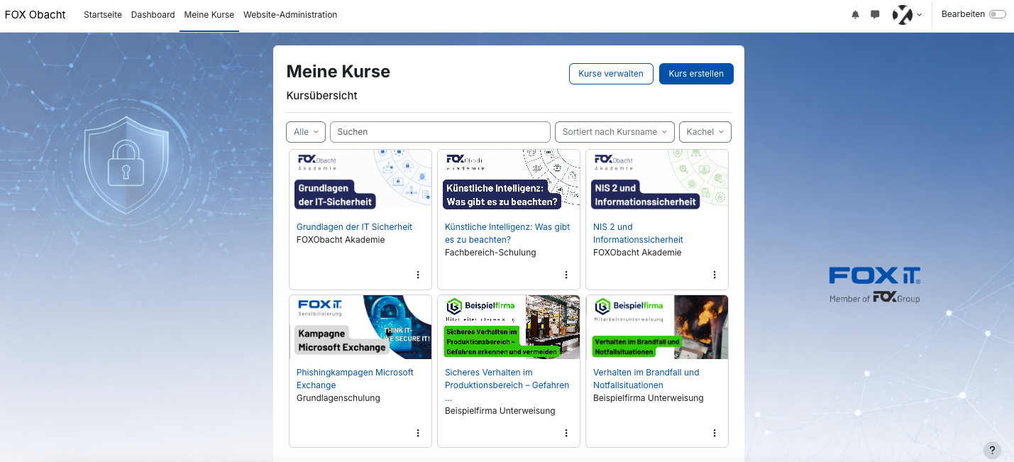 Mock up Website, mit blauem hintergrund und 6 Kacheln mit Inhalten.