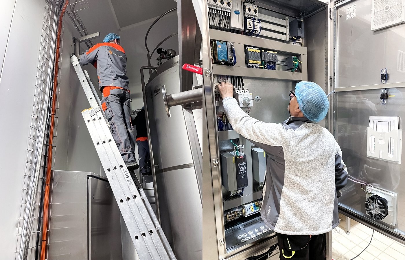 eine Collage mit zwei Bildern und jeweils einem Arbeiter der gerade an einer technische Anlage arbeitet